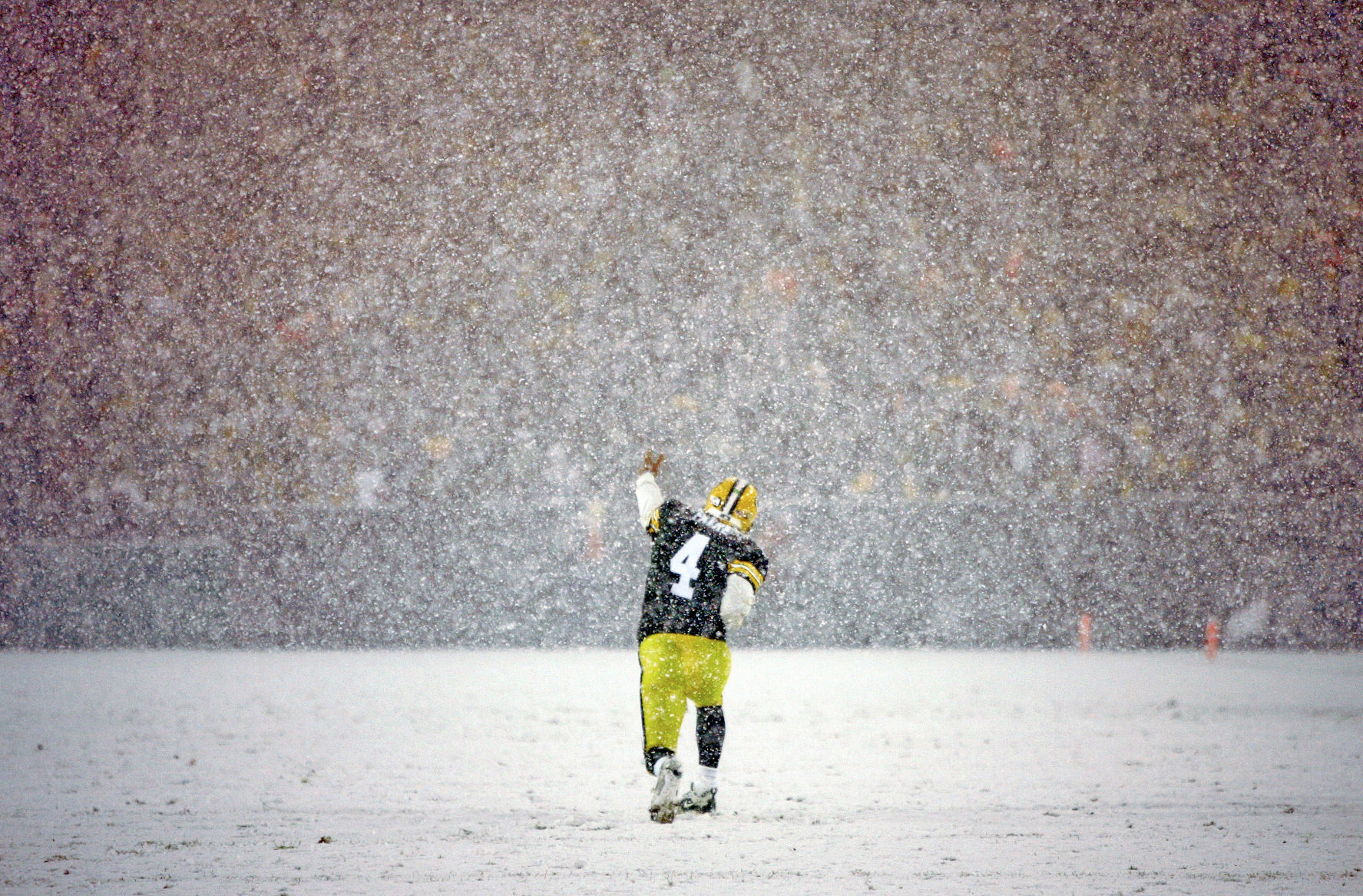 Brett Favre in snow beating Seahawks in playoffs 2008, State Journal photo